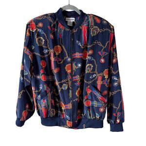 Vintage Alfred Dunner Bomber Jacket SZ 12 Chain Medal/Trophy Print Streetwear 90